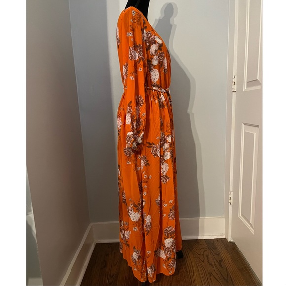 Orange Floral, V-Neck Maxi Dress - Picture 10 of 14